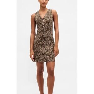 Gap Women Brown Leopard Print V-Neck Mini Denim Dress L NWT